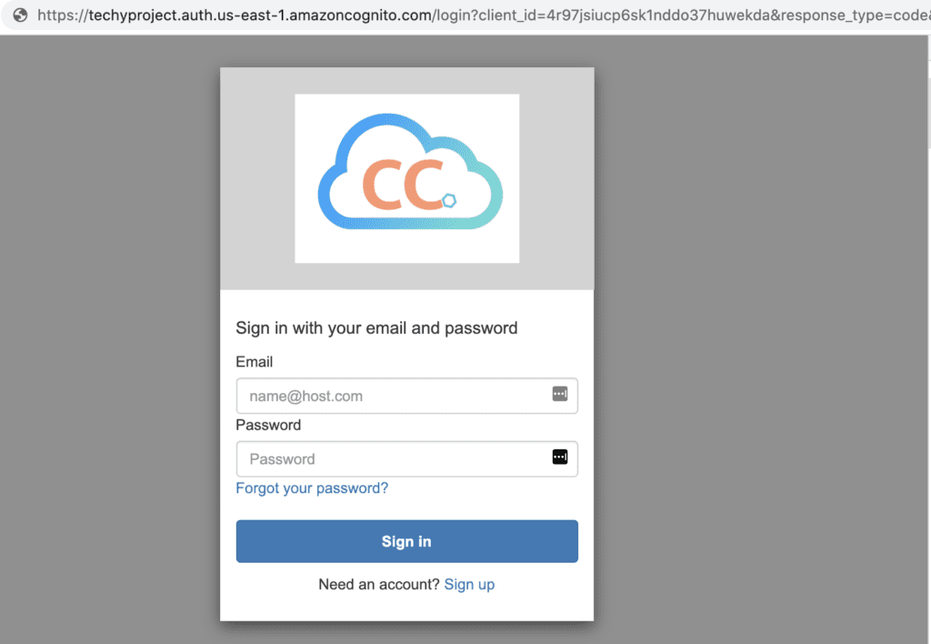 Amazon cognito login screen sample