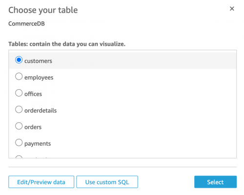 Database tables preview